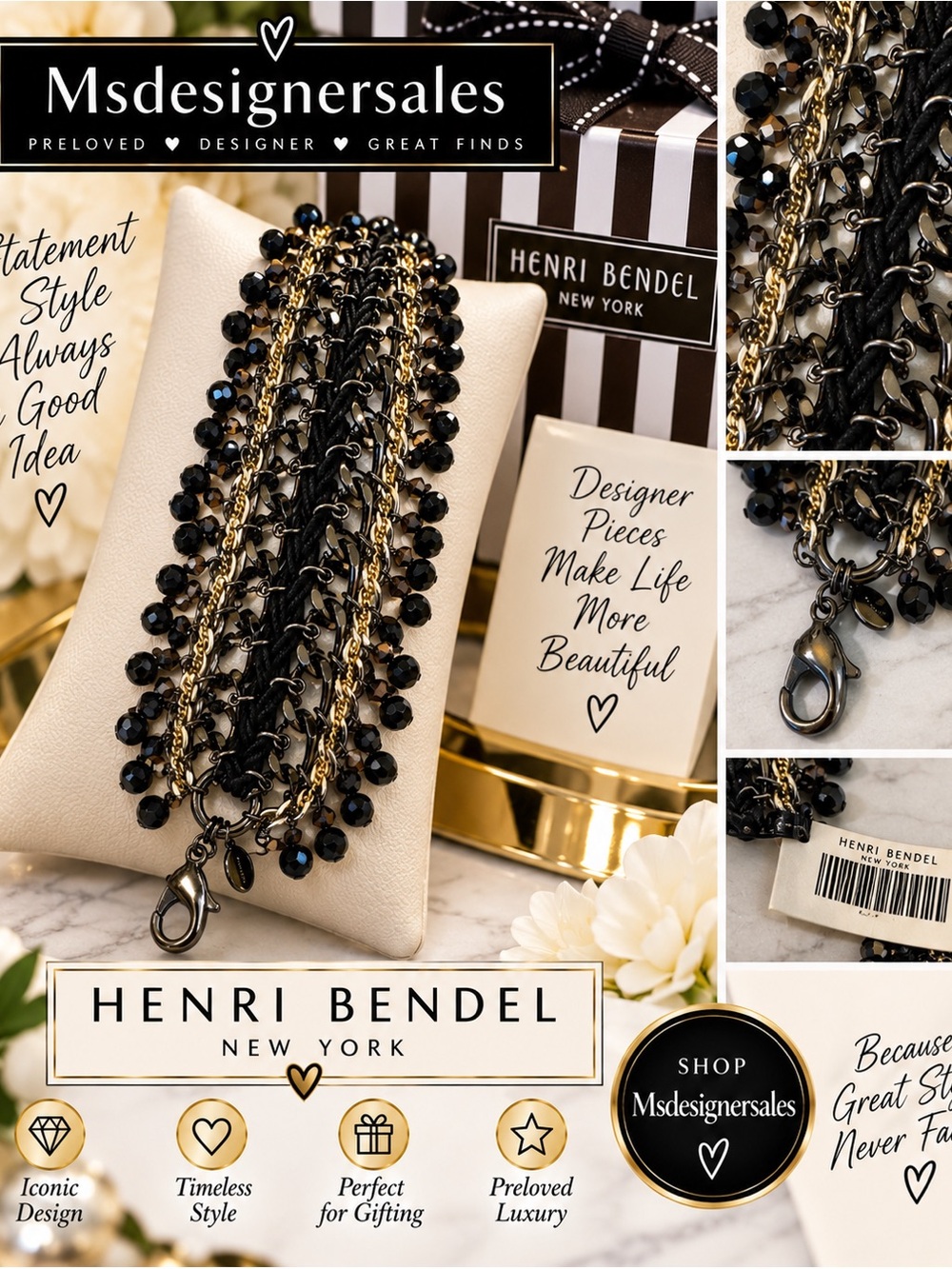 henri bendel Black and Gold Multi-Chain Beaded Statement Necklace
